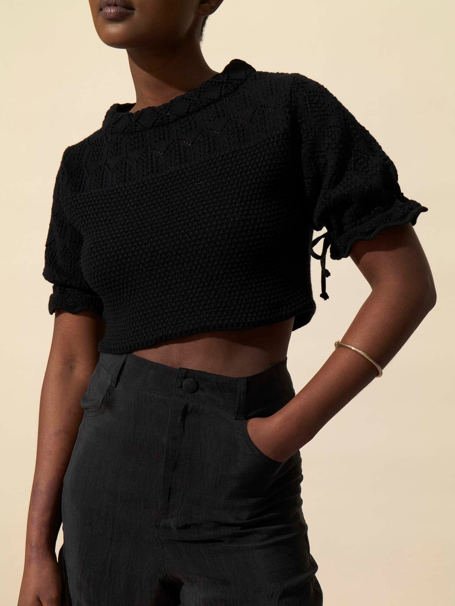 MARCELLE - Cropped top with short sleeves and round neck in Oeko-Tex openwork knit Black Top Fête Impériale