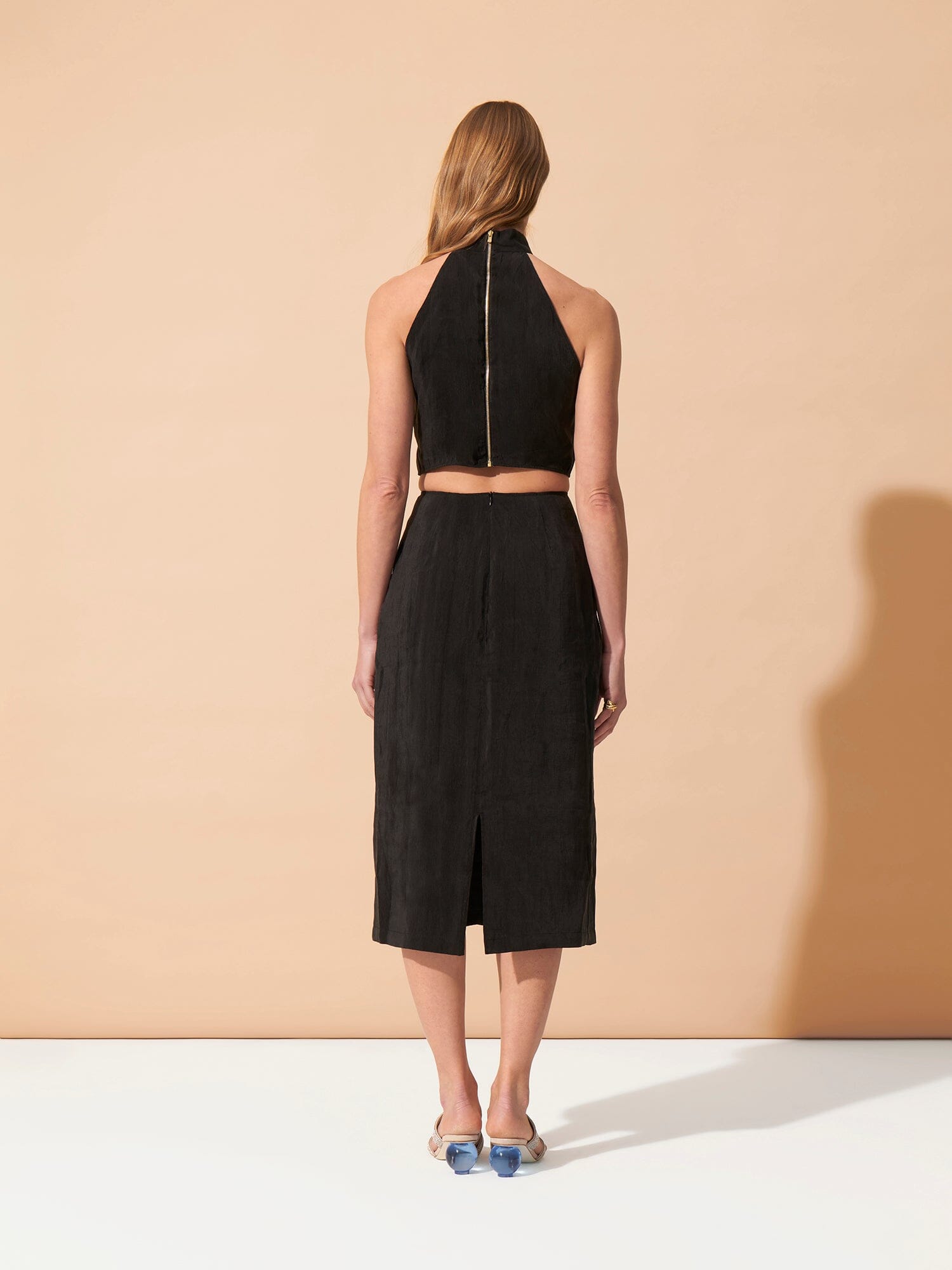 MARGUERITE - Midi dress with high collar and openwork waist in FSC organic tencel Black Dress Fête Impériale