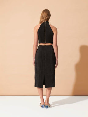 MARGUERITE - Midi dress with high collar and openwork waist in FSC organic tencel Black Dress Fête Impériale