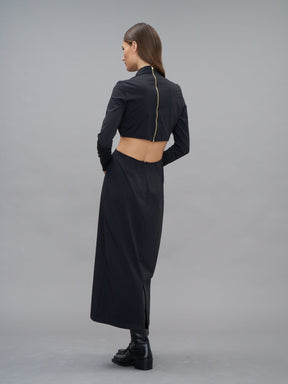 MARGUERITE - Long sleeve midi dress with openwork jersey waist Black Dress Fête Impériale