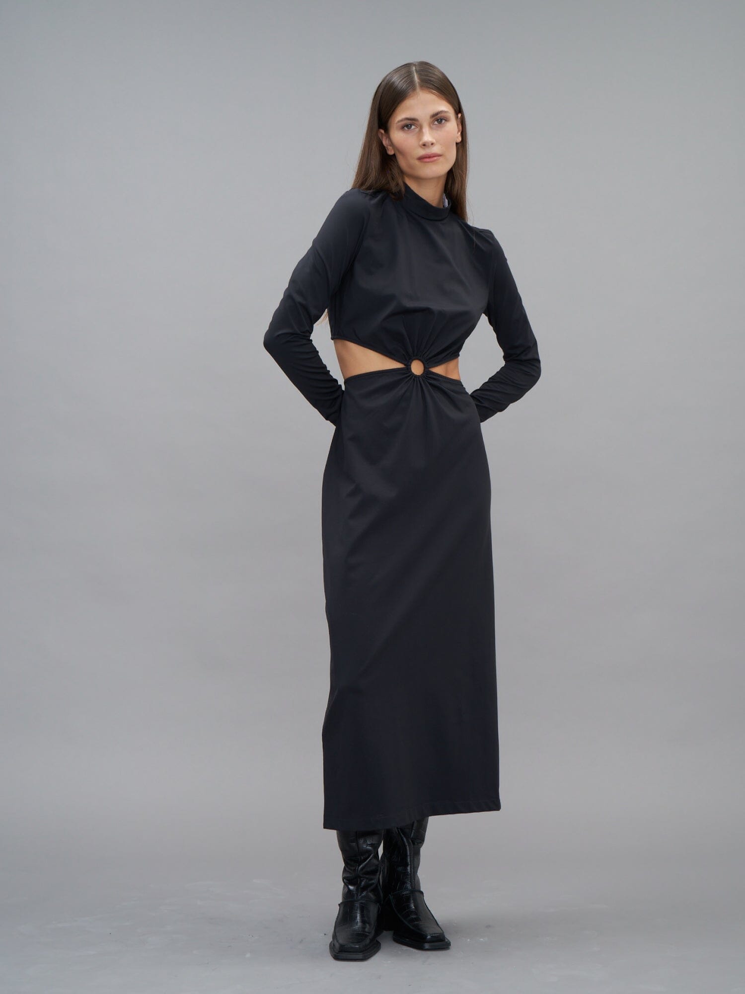 MARGUERITE - Long sleeve midi dress with openwork jersey waist Black Dress Fête Impériale
