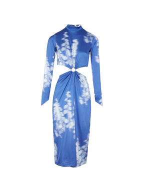 MARGUERITE - Abstract Dazzling Blue/Ice Melt printed viscose satin midi dress with long sleeves and openwork peak at waist Fête Impériale