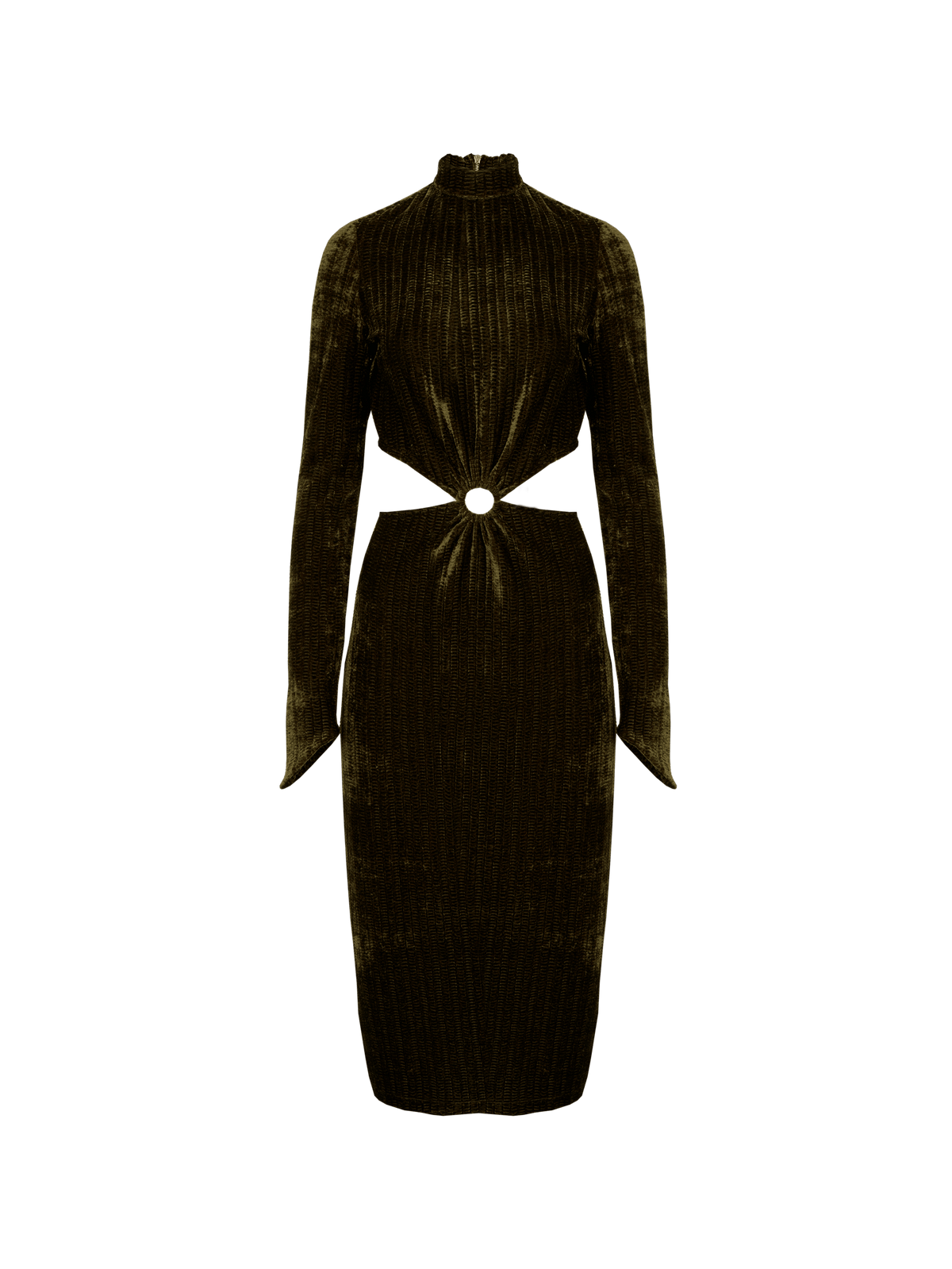 MARGUERITE - Cypress velvet midi dress, long sleeves, openwork peak at the waist Dress Fête Impériale