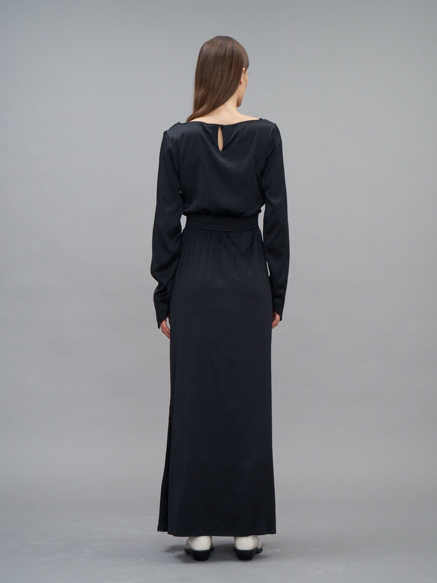 MARTHE - Smocked waist long dress in viscose satin FSC Black Dress Fête Impériale