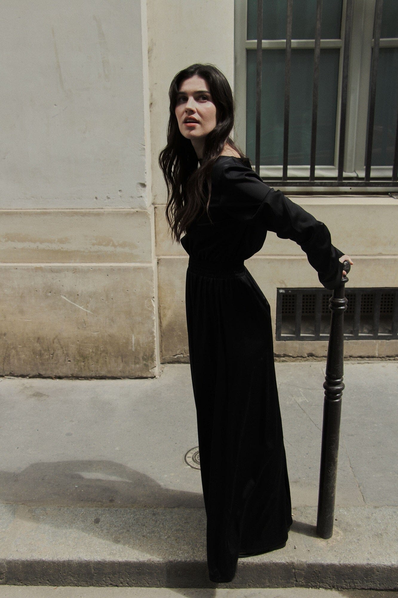 MARTHE - Smocked waist long dress in viscose satin FSC Black Dress Fête Impériale