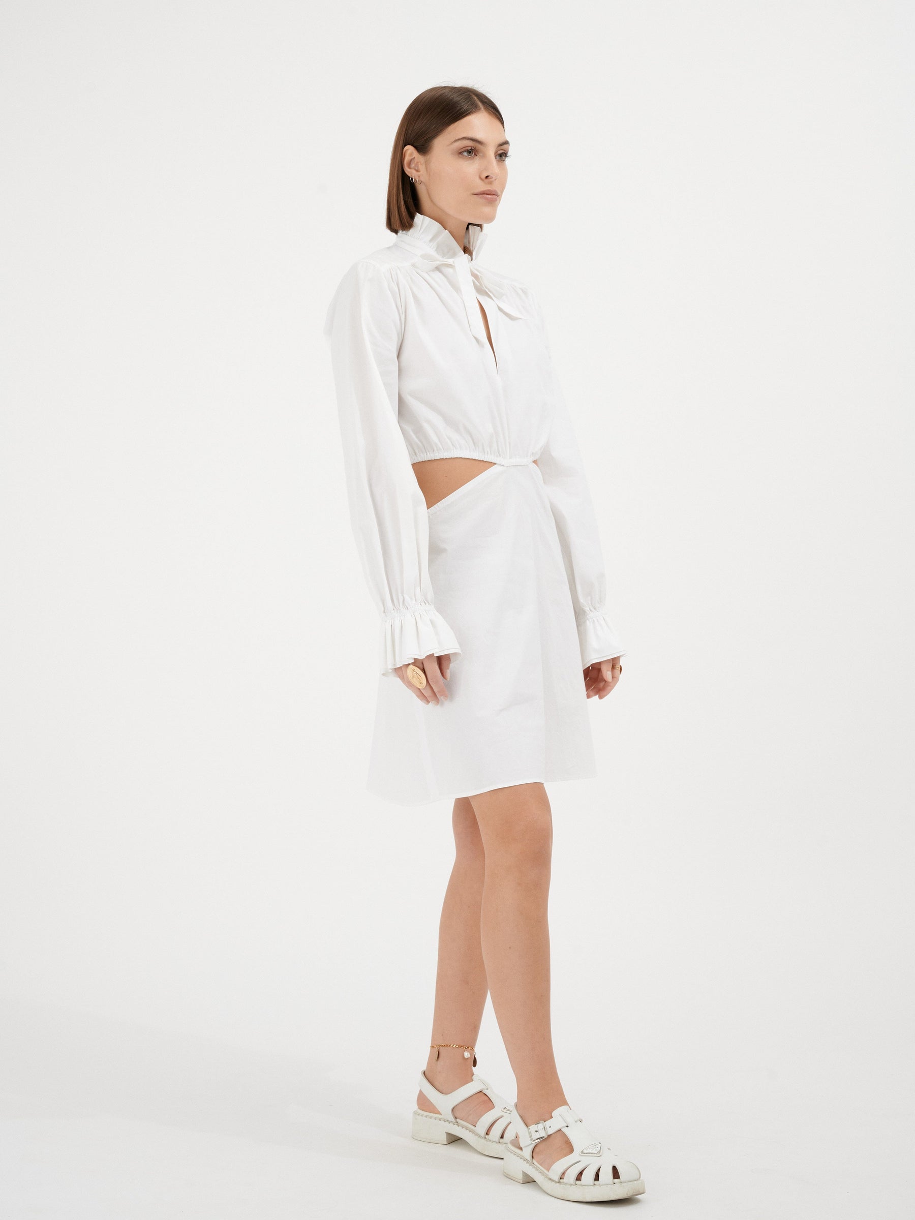 MATTEA - Short openwork dress with ruffled collar and long sleeves Cotton white Dress Fête Impériale