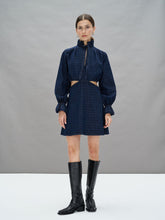 MATTEA - Short openwork dress with gathered collar and long flounced sleeves in blue denim with black blazon print Dress Fête Impériale