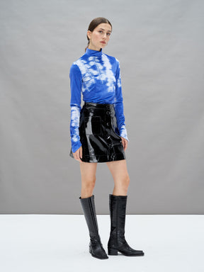 MORGANE - Abstract Dazzling Blue/Ice Melt Top in Oeko-Tex printed velvet with stand-up collar Fête Impériale