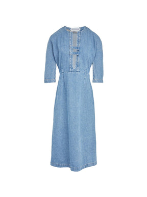 MUMTAZ - Midi dress with 3/4 raglan sleeves in washed denim Oeko-Tex Blue Dress Fête Impériale