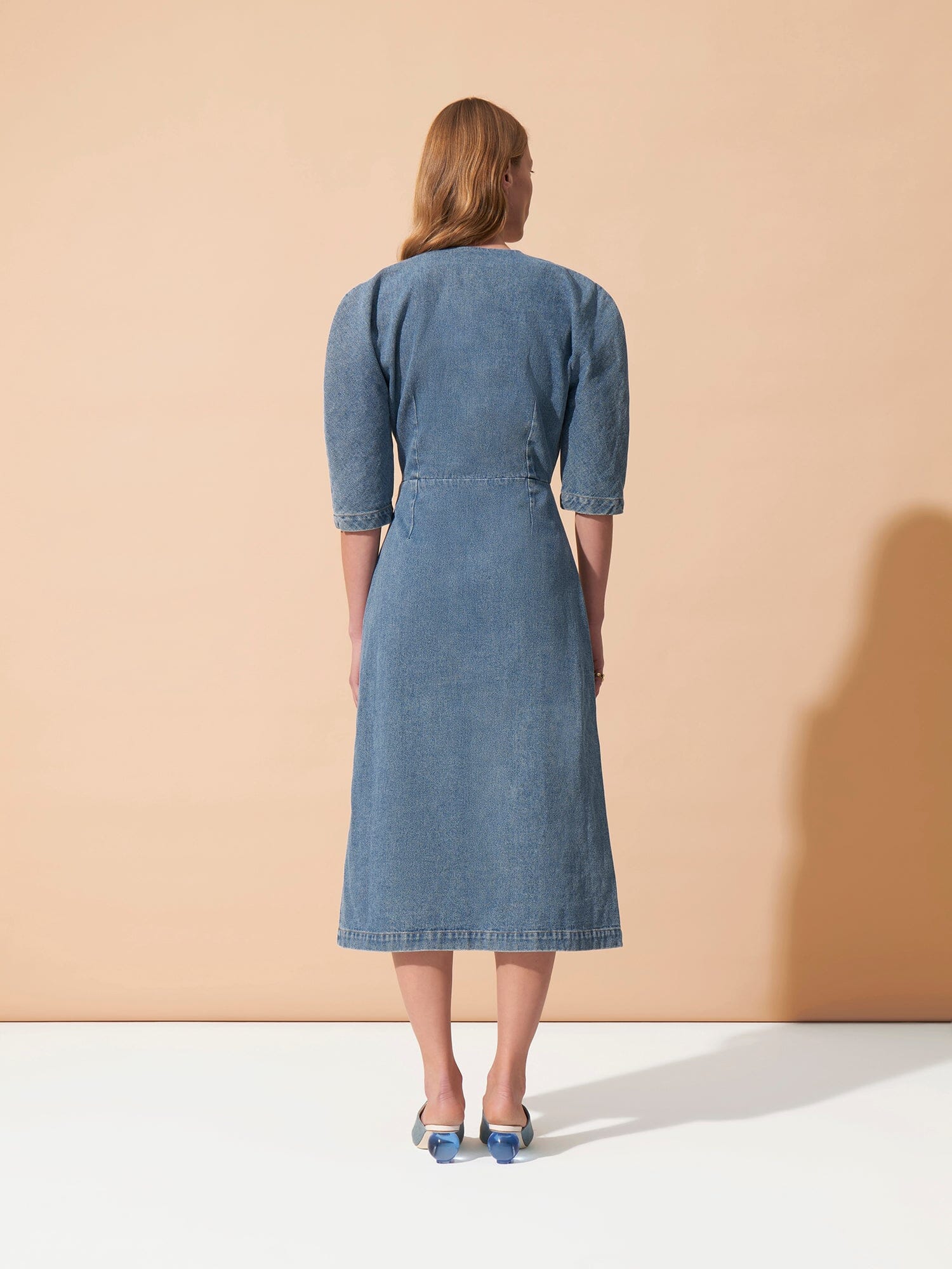 MUMTAZ - Midi dress with 3/4 raglan sleeves in washed denim Oeko-Tex Blue Dress Fête Impériale