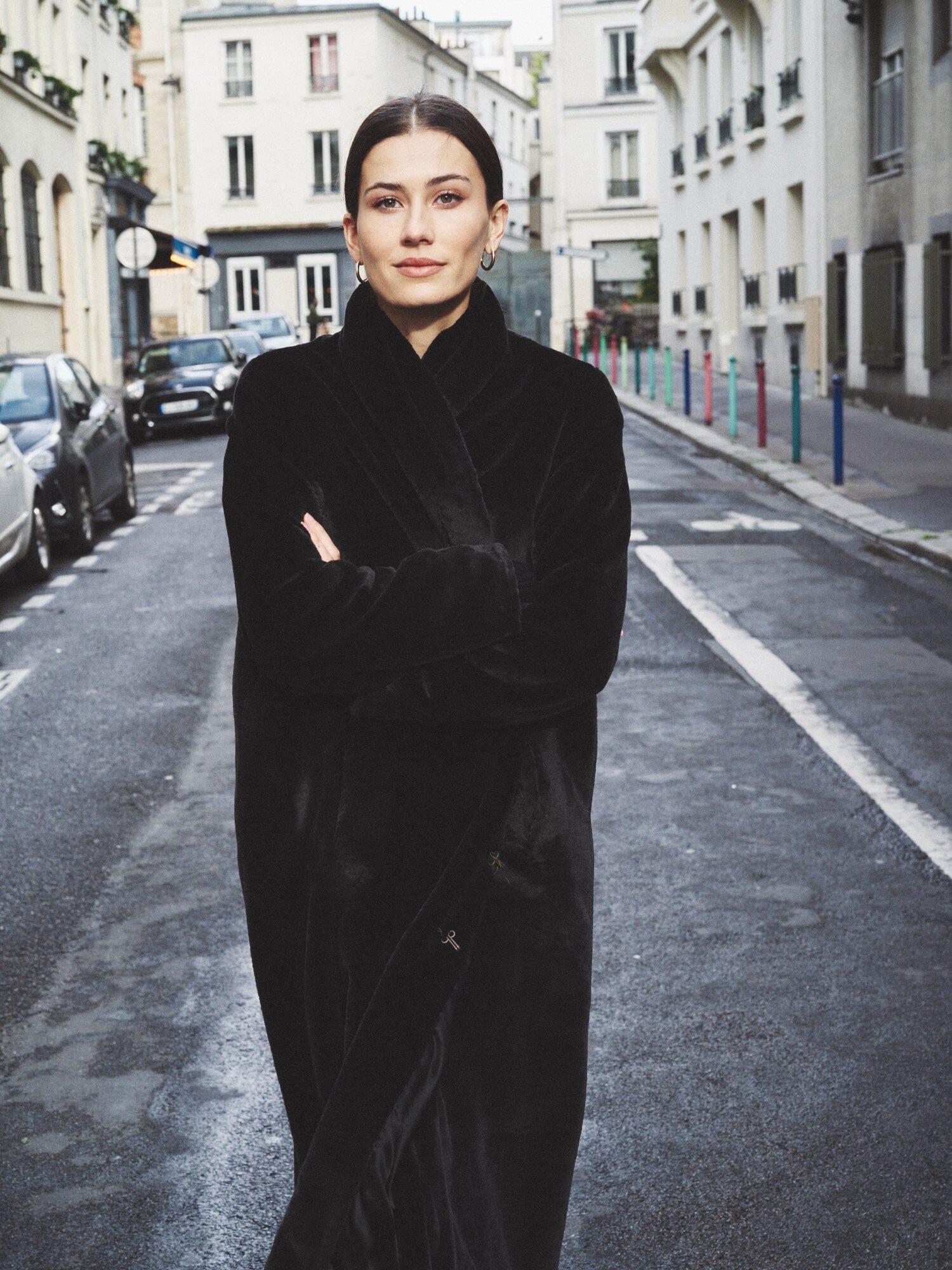 NAMA - Long shawl collar faux fur coat Black Coat Fête Impériale