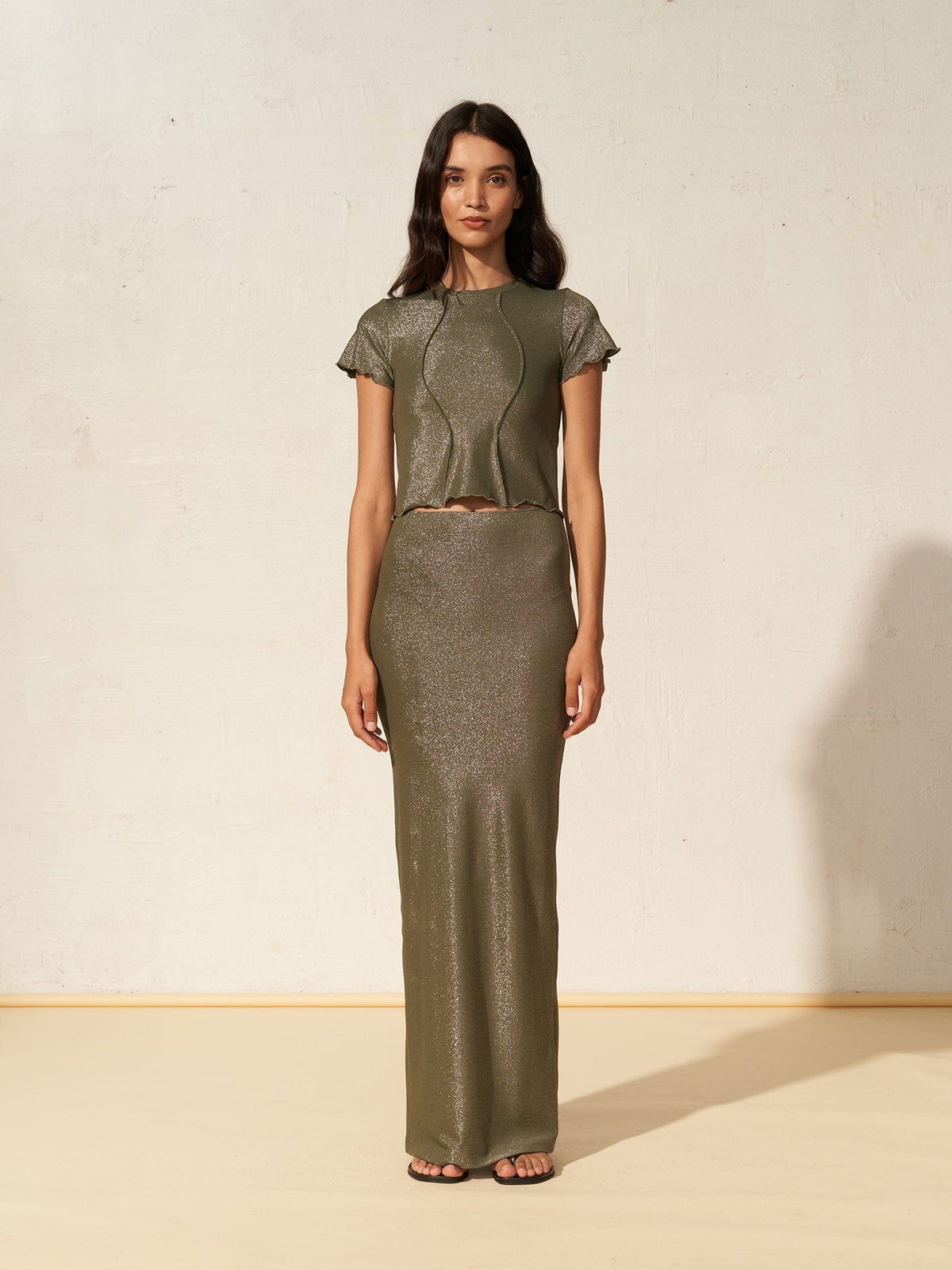 NATA - Cropped top with short sleeves and wave cut-outs in Oeko-Tex Green metallic thread jersey Top Fête Impériale