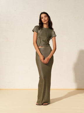 NATA - Cropped top with short sleeves and wave cut-outs in Oeko-Tex Green metallic thread jersey Top Fête Impériale