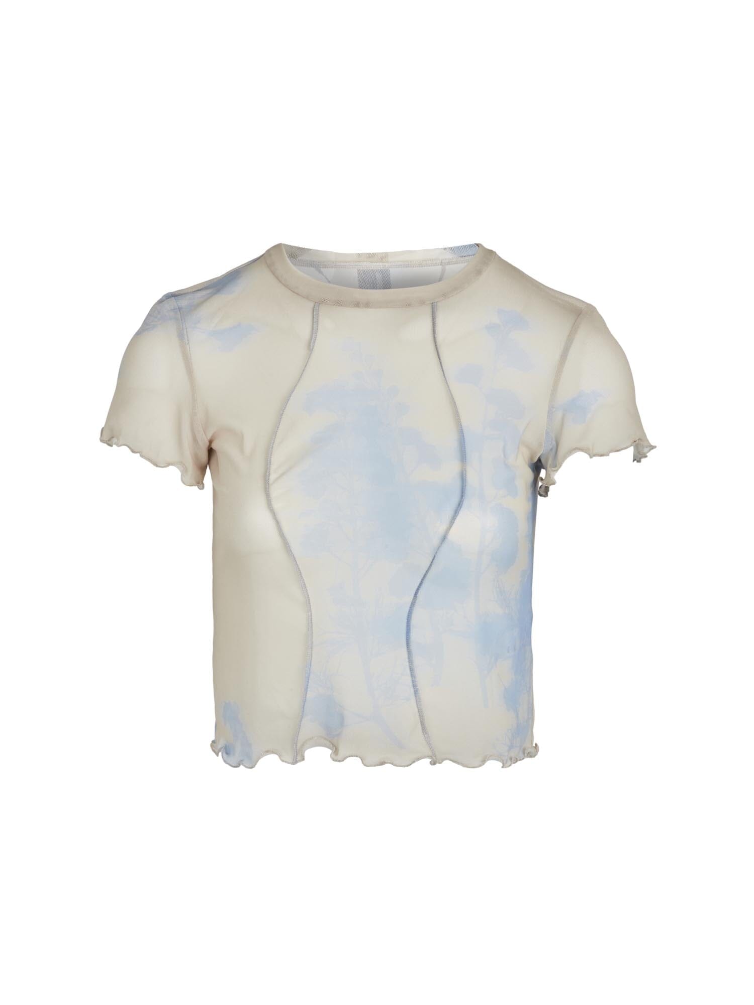 NATA - Abstract Ice Melt printed Oeko-Tex stretch tulle cropped top with short sleeves and wave cut-outs Top Fête Impériale