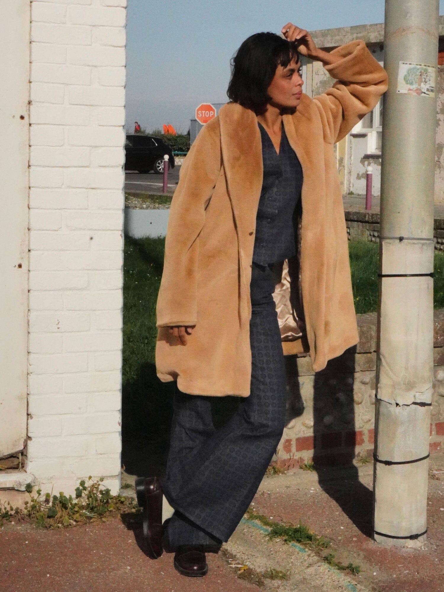 NATALIA - Camel faux fur shawl collar mid-length coat Coat Fête Impériale