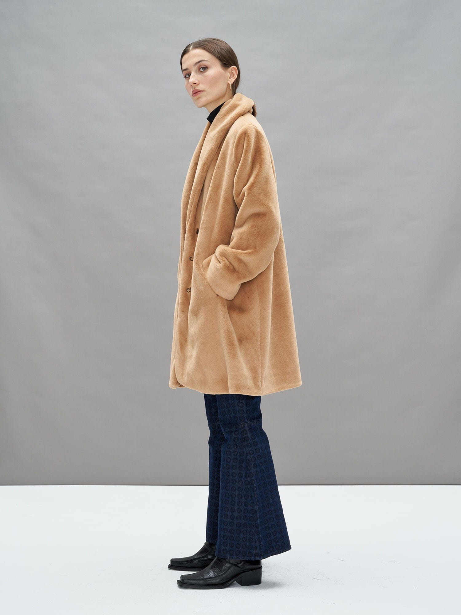 NATALIA - Camel faux fur shawl collar mid-length coat Coat Fête Impériale