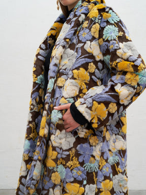 NATALIA - Mid-length shawl-collar faux fur coat with multicolored flower motif Coat Fête Impériale