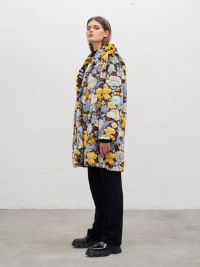 NATALIA - Mid-length shawl-collar faux fur coat with multicolored flower motif Coat Fête Impériale