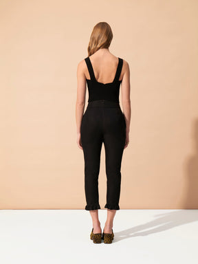 NINOU - 7/8th straight-leg pants with embroidered high waist and free-will bottoms in Linen  Cotton  Black Pants Fête Impériale