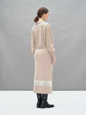 NONA - Long straight skirt with elasticated waist and fishnet cut-out in merino wool Oeko Tex Beige Skirt Fête Impériale