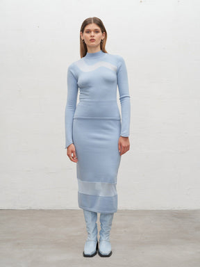 NONA - Long straight skirt with elasticated waist and fishnet cut-out in merino wool Oeko Tex Blue Skirt Fête Impériale