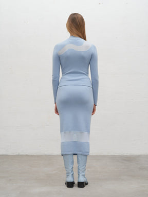 NONA - Long straight skirt with elasticated waist and fishnet cut-out in merino wool Oeko Tex Blue Skirt Fête Impériale