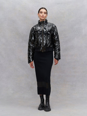 NONA - Long straight skirt with elasticated waist and fishnet cut-out in Oeko Tex merino wool Black Skirt Fête Impériale