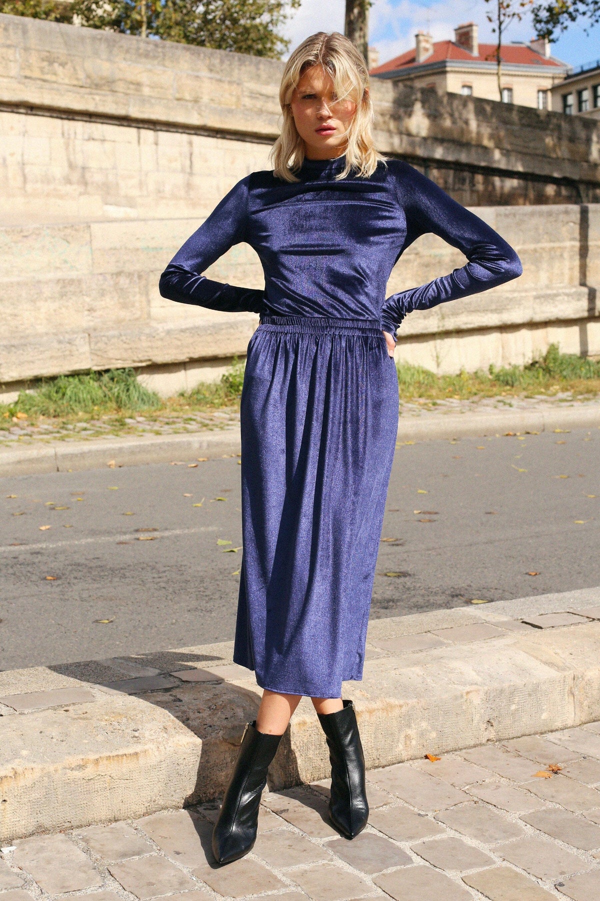 NONA - Long straight skirt with elastic waist Navy Velvet Skirt Fête Impériale
