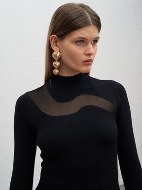 ONIRA - Oeko Tex Merino Wool Wave Fitted Top with Stand-Up Collar Black Top Fête Impériale