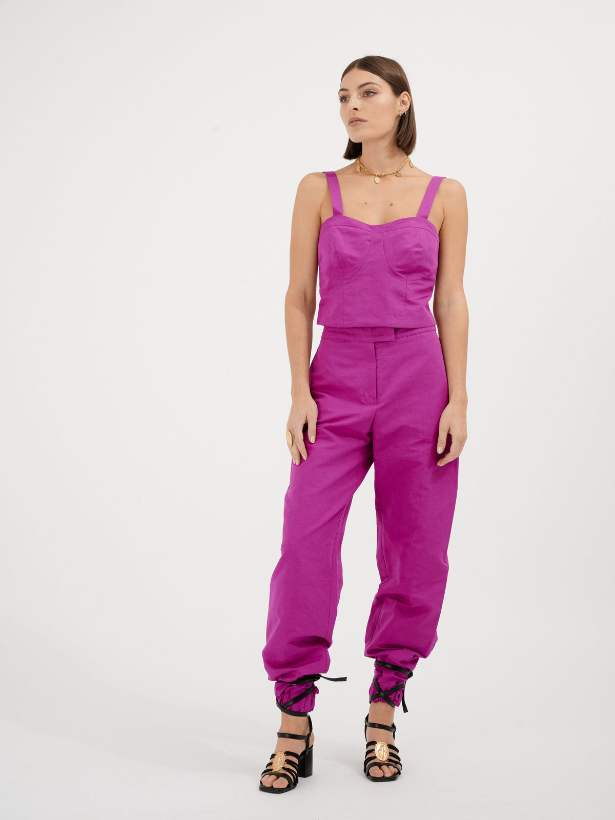 ORSU - Sweetheart neckline crop top with wide straps in Linen  and Cotton fuchsia Brassière Fête Impériale