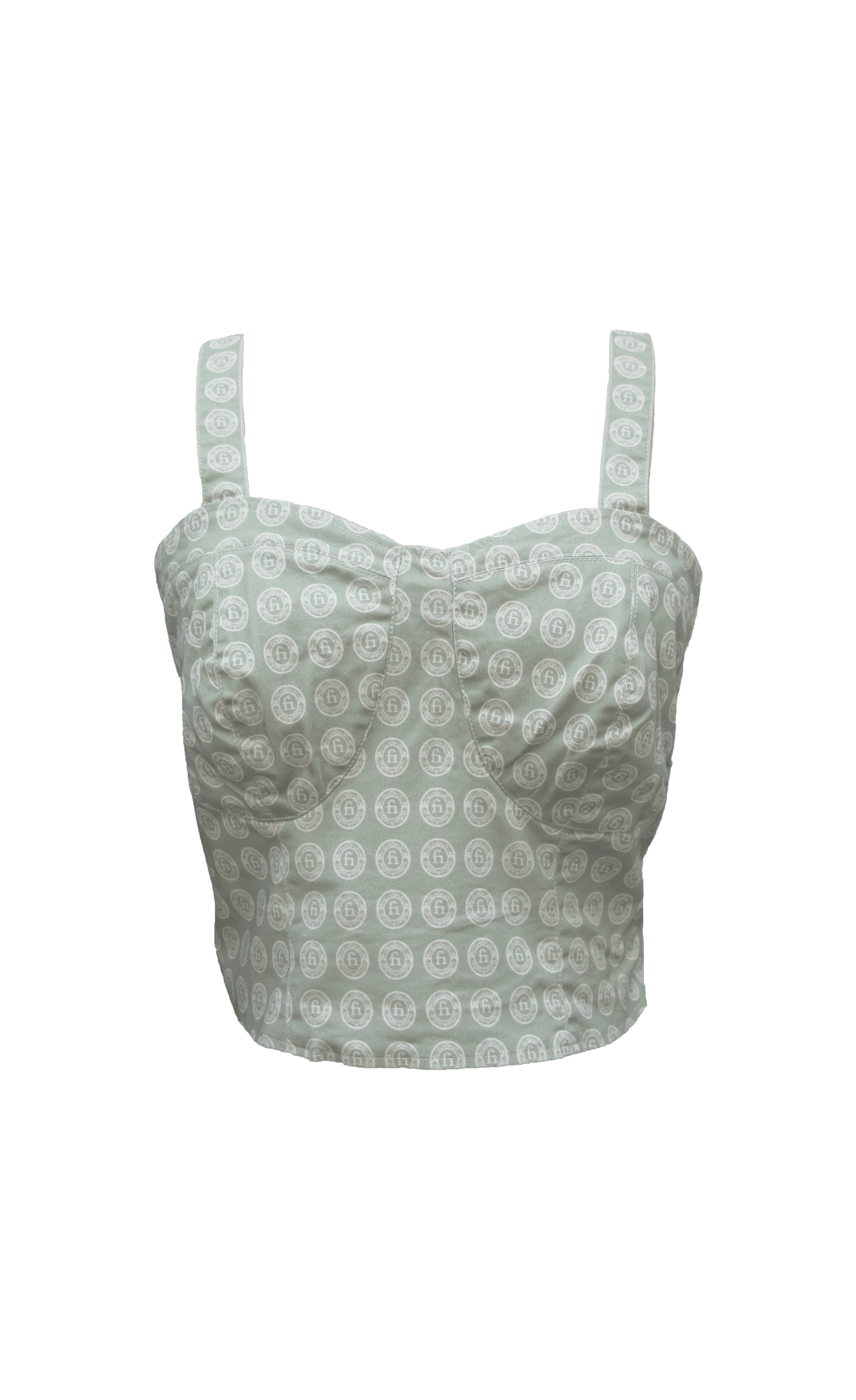 ORSU - Sweetheart Neckline Crop Top with Wide Straps in Celadon Green Fabric with White Coat of Arms Print Cotton Brassière Fête Impériale