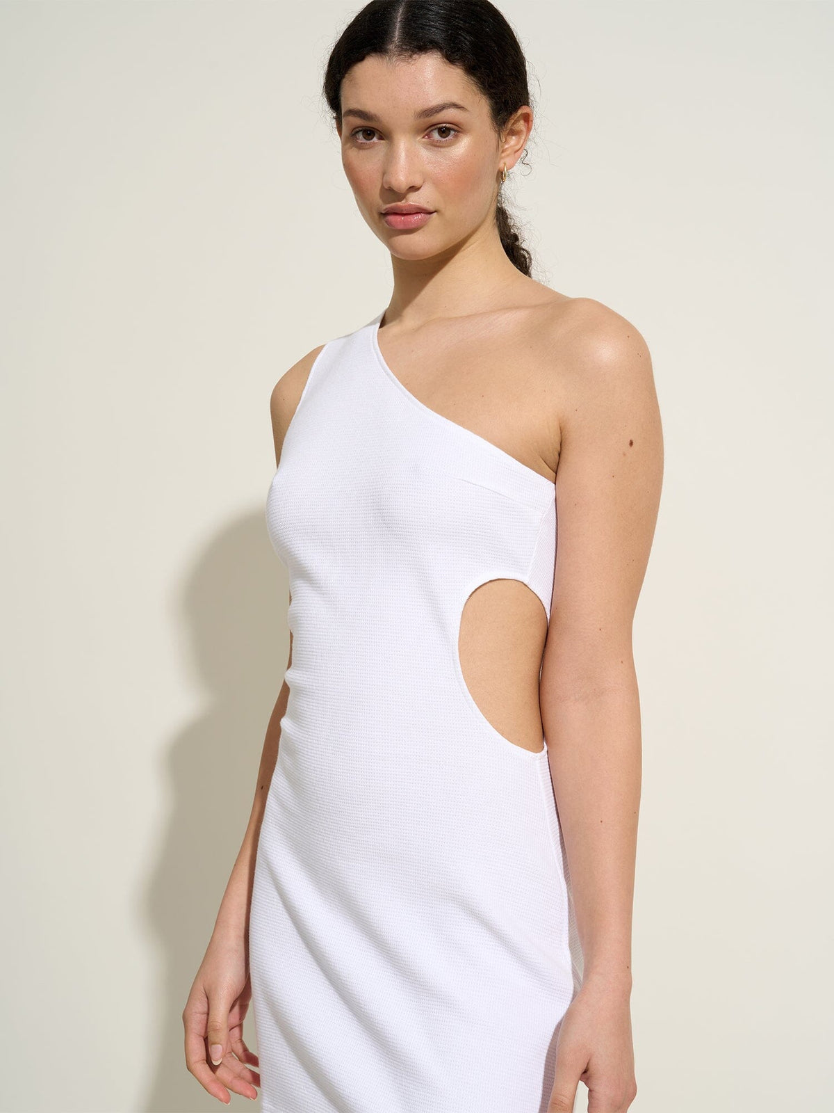 OUREA - Asymmetrical openwork waist dress in organic piqué jersey Cotton White Dress Fête Impériale