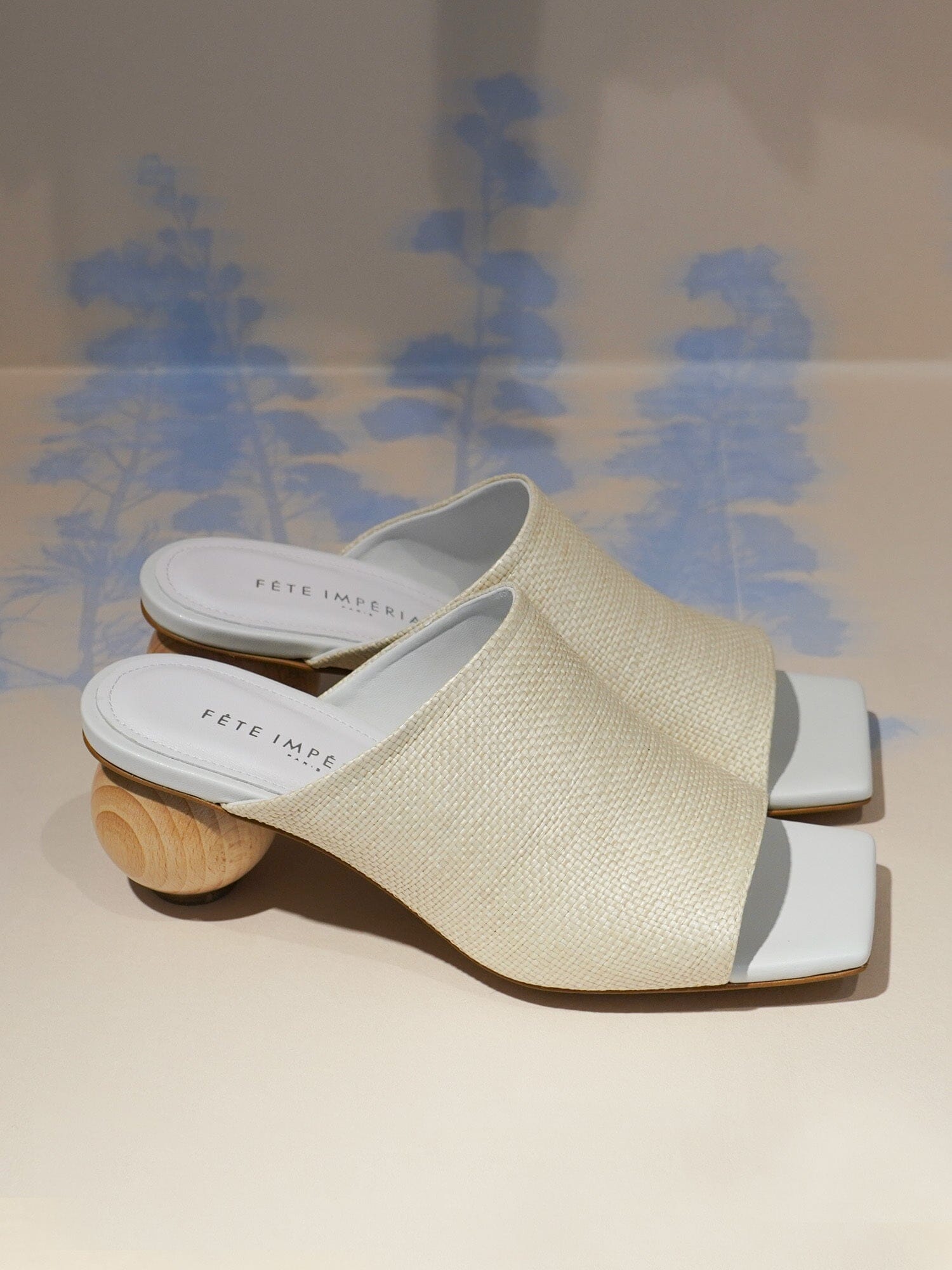 PAROS - Mules with spherical wooden heels and wide raffia strap Ecru Shoes Fête Impériale