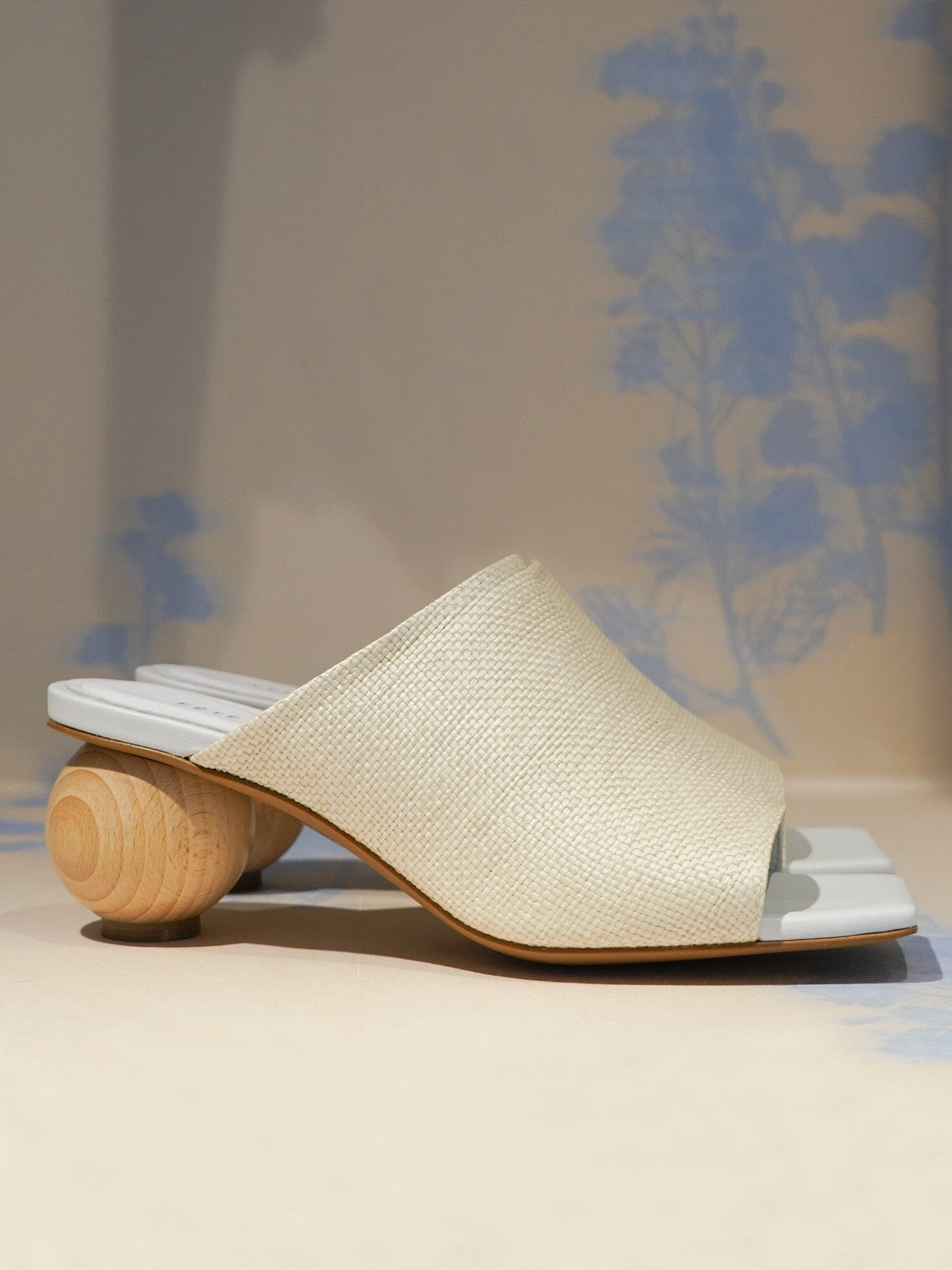 PAROS - Mules with spherical wooden heels and wide raffia strap Ecru Shoes Fête Impériale