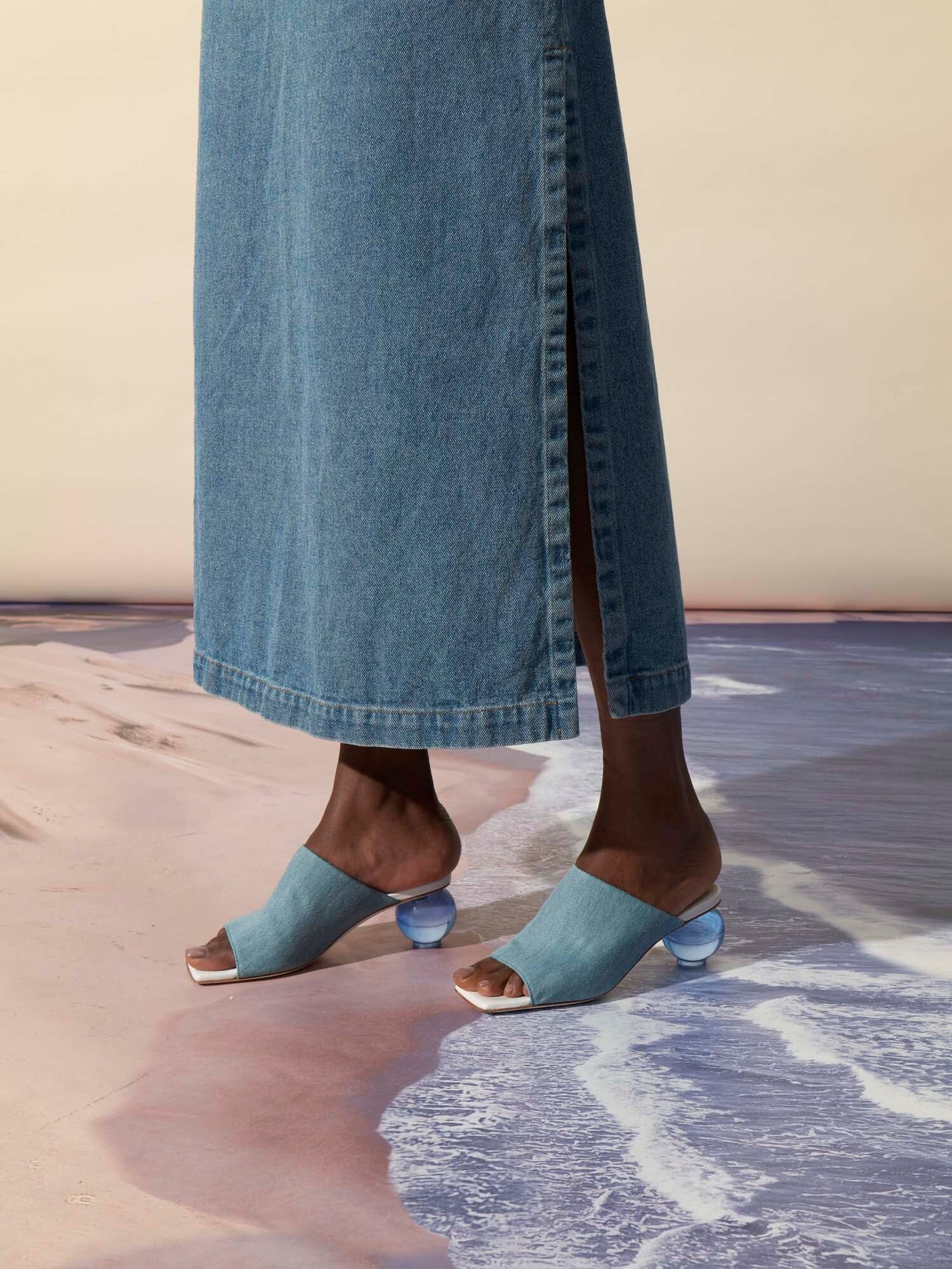 PAROS - Plexiglas mules with spherical heels and wide strap in faded denim Blue Shoes Fête Impériale