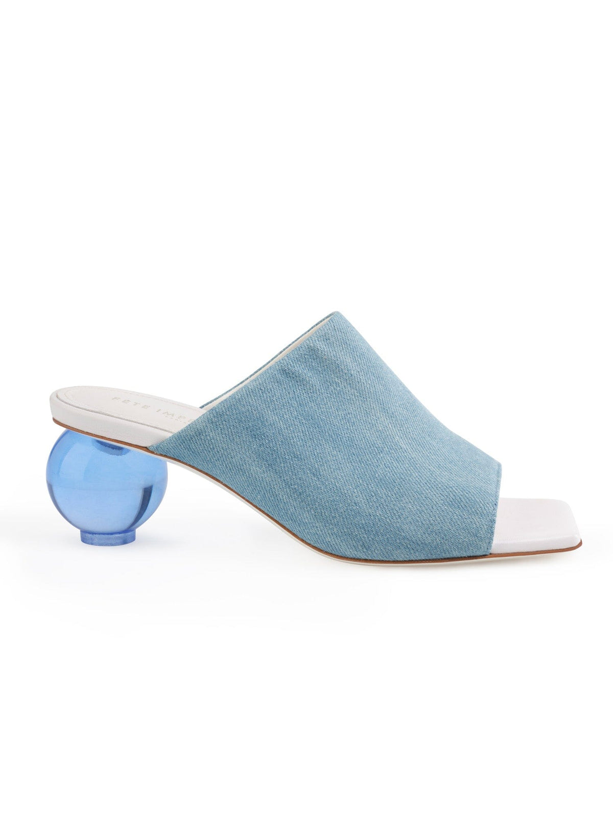 PAROS - Plexiglas mules with spherical heels and wide strap in faded denim Blue Shoes Fête Impériale