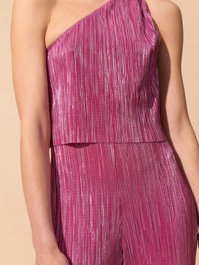 PERICLES - Asymmetrical tied strap cropped top in metallic-effect pleated fabric Fuchsia Top Fête Impériale