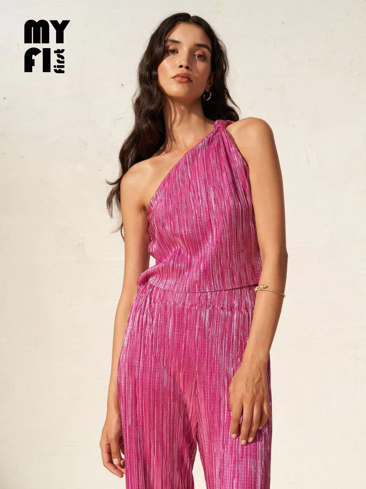 PERICLES - Asymmetrical tied strap cropped top in metallic-effect pleated fabric Fuchsia Top Fête Impériale