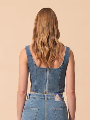 PERSE - Corset-style cropped bustier in washed denim Oeko-Tex Blue Top Fête Impériale