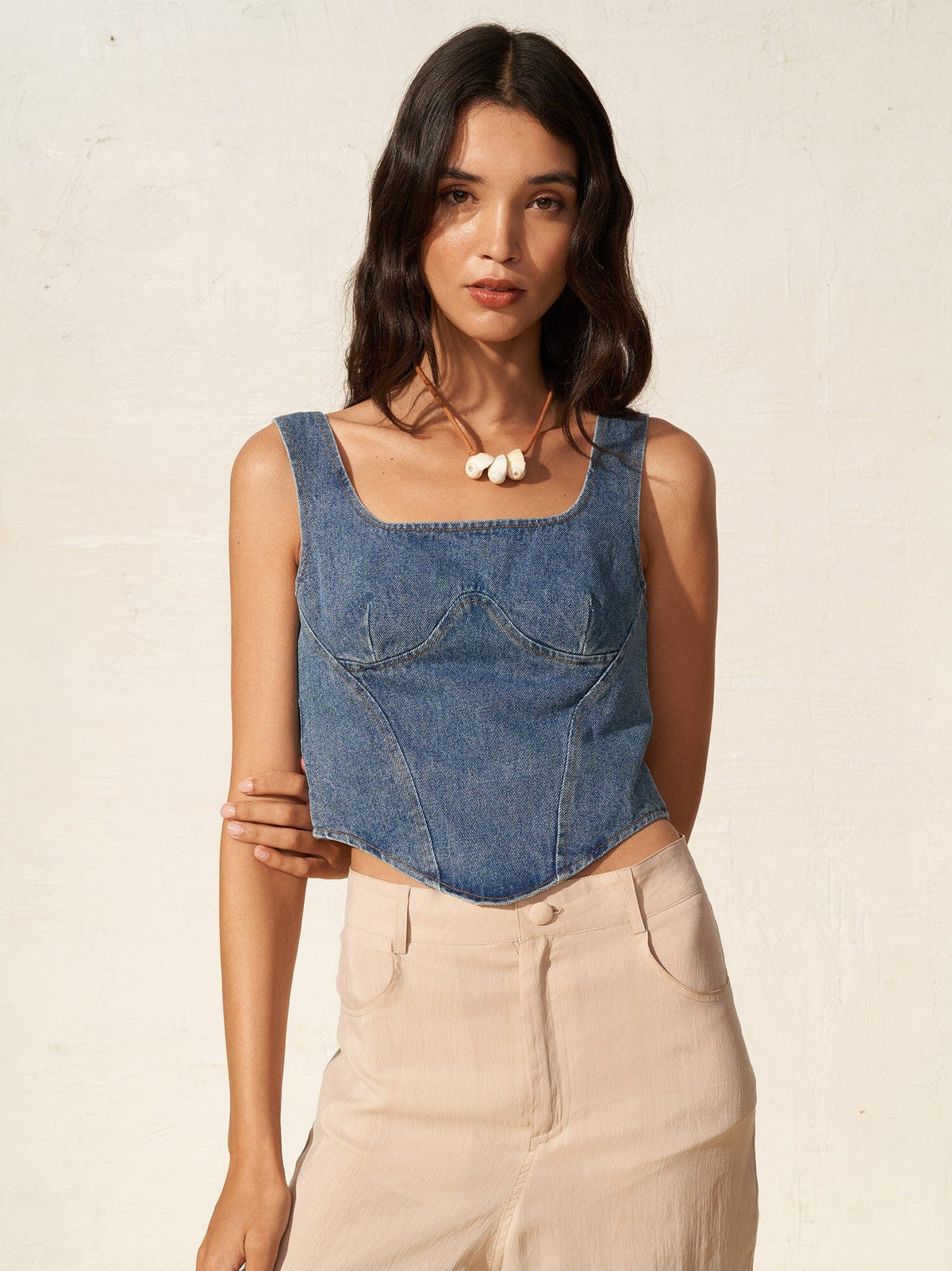 PERSE - Corset-style cropped bustier in washed denim Oeko-Tex Blue Top Fête Impériale