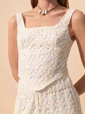 PERSE - Corset-style cropped bustier in tulle embroidered with Ecru daisies Top Fête Impériale