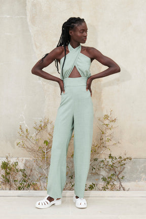 PETRA - Openwork high-waisted jumpsuit with knotted cross-over top in Cotton Oeko-Tex celadon green Jumpsuit Fête Impériale