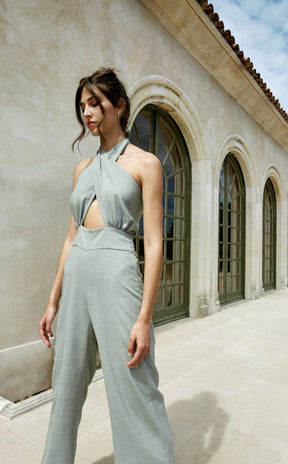 PETRA - Openwork high-waisted jumpsuit with knotted cross-over top in Cotton Oeko-Tex celadon green Jumpsuit Fête Impériale