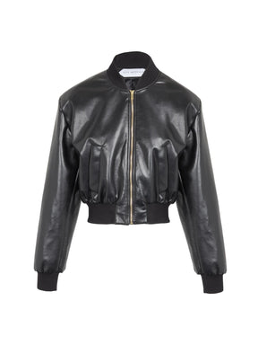 PLATON - Wide-shoulder cropped bomber in recycled leather Black Bomber Fête Impériale
