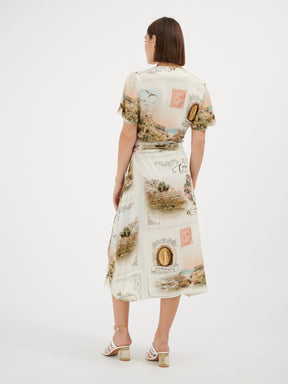 PORTO VECCHIO - Midi wrap dress in viscose poplin with Postcard print Dress Fête Impériale