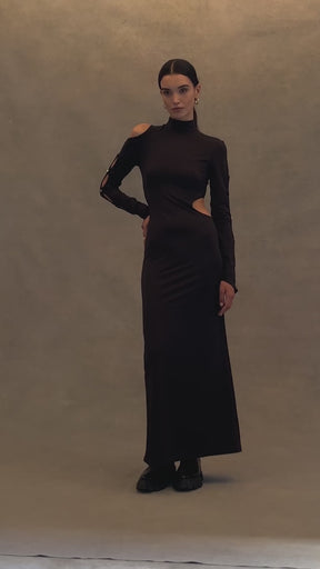 DENALI - Moulded long dress with openwork high-neck arm/shoulder/hip in jersey Black