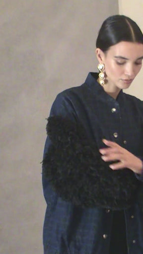 HENRI - Oversized bomber with elasticated bottom in blue denim with coat-of-arms and feather print Black