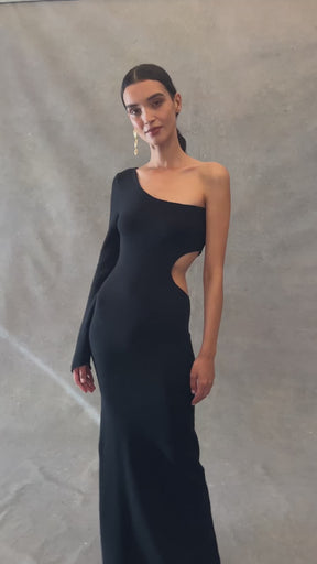 PROPRIANO - Asymmetrical openwork long dress in Oeko Tex merino wool Black