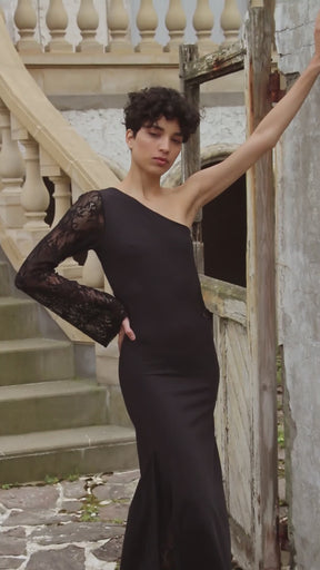 ASTRÉE - Asymmetrical fitted long dress in jersey and lace Black