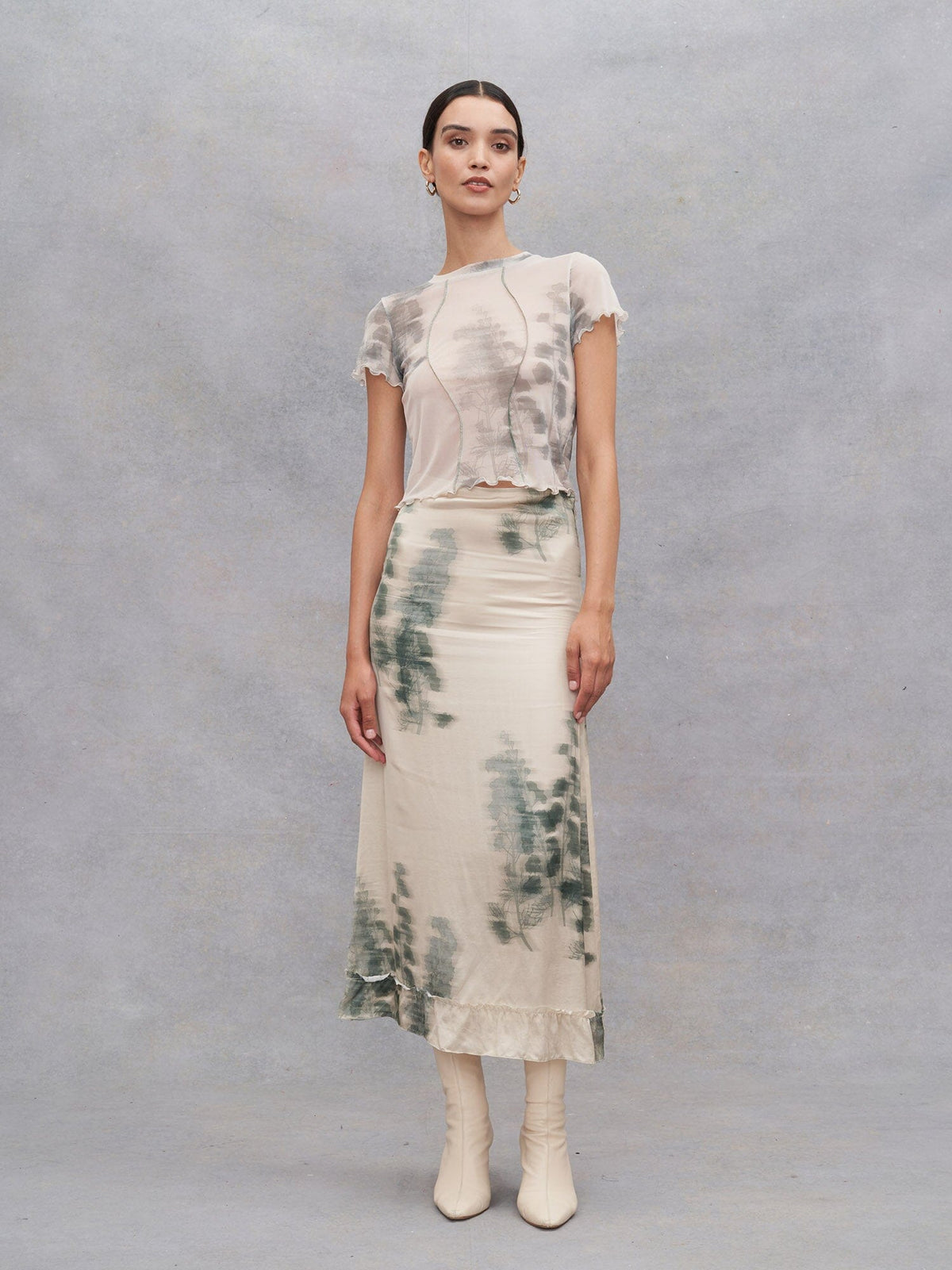 PRUNE - Flared midi skirt in Abstract Tofu/Green Forest printed EcoVero viscose satin Skirt Fête Impériale